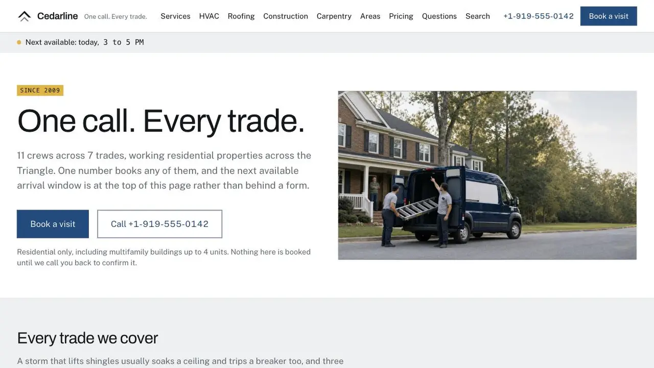 The Cedarline Home Services demo homepage: "One call. Every trade.", with the next available arrival window and a chat button.